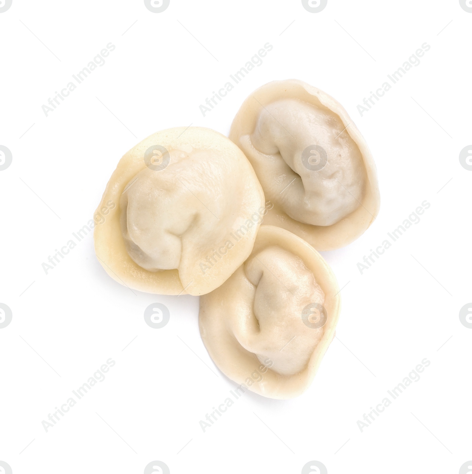 Photo of Fresh boiled dumplings on white background, top view