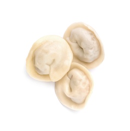 Photo of Fresh boiled dumplings on white background, top view