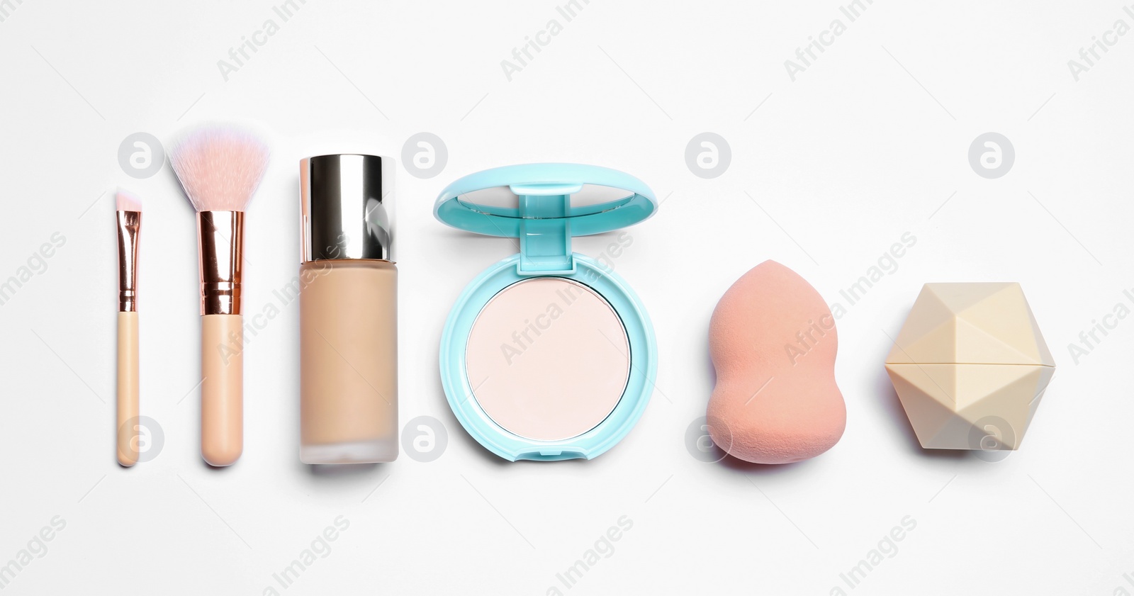 Photo of Set of makeup products on white background, top view