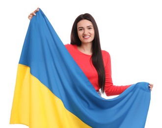 Photo of Young woman with flag of Ukraine on white background