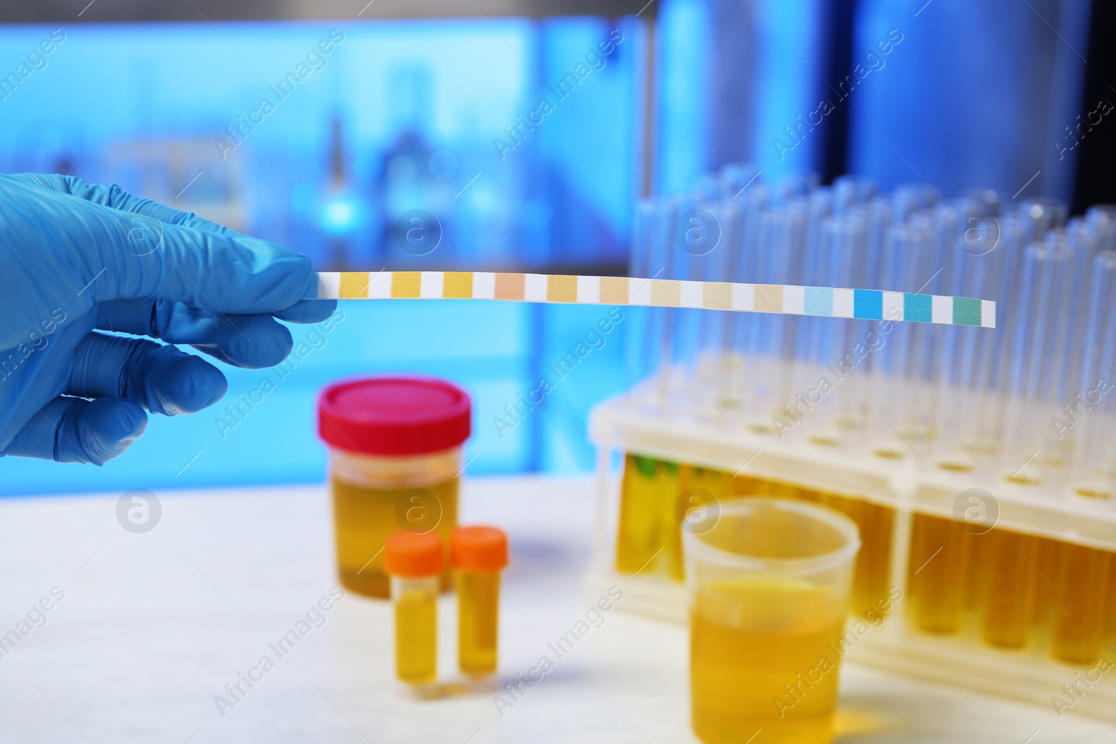 Photo of Laboratory assistant holding litmus paper for analysis over table, closeup