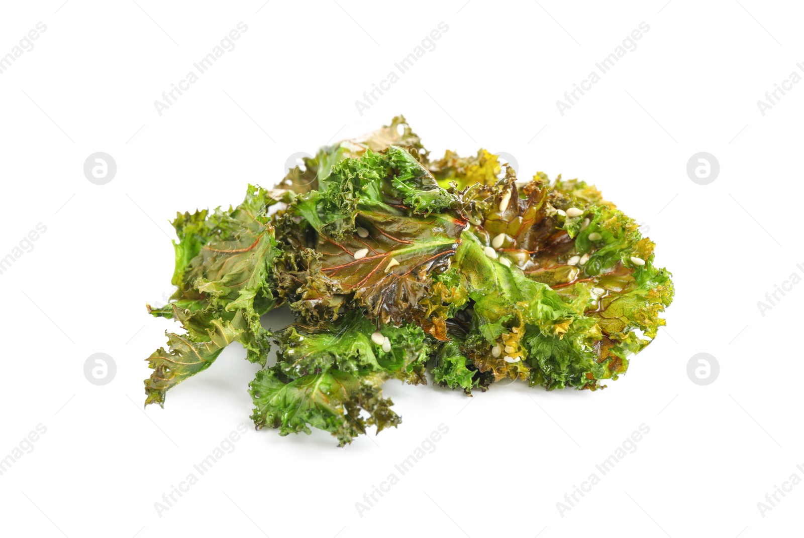 Photo of Tasty baked kale chips isolated on white