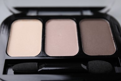 Beautiful eyeshadow palette and applicator as background, closeup. Professional cosmetic product