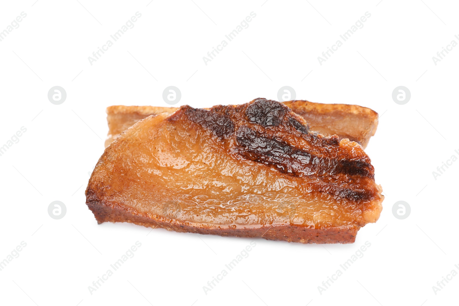 Photo of Tasty fried cracklings on white background. Cooked pork lard