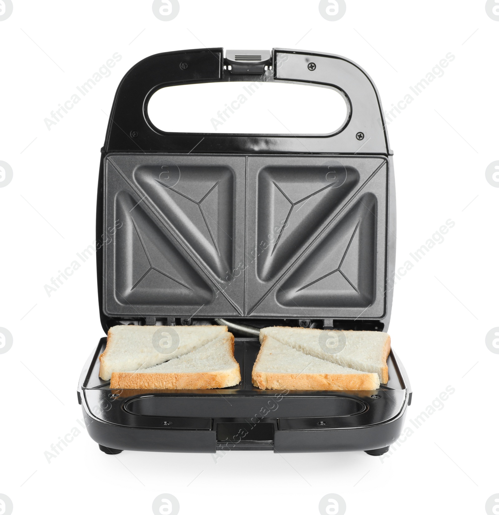 Photo of Modern sandwich maker with bread slices on white background