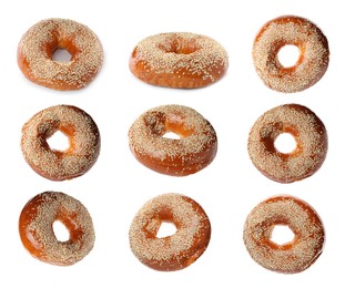 Image of Set with tasty fresh bagels on white background