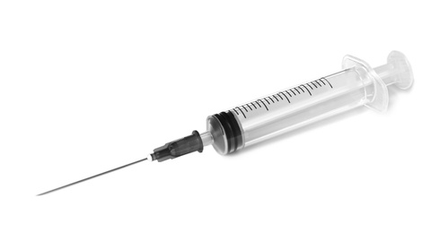 Photo of Plastic syringe on white background. Medical instrument