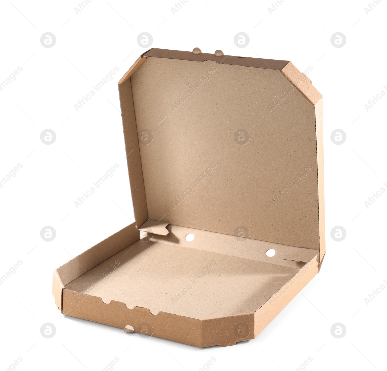 Photo of Open cardboard pizza box on white background. Food delivery