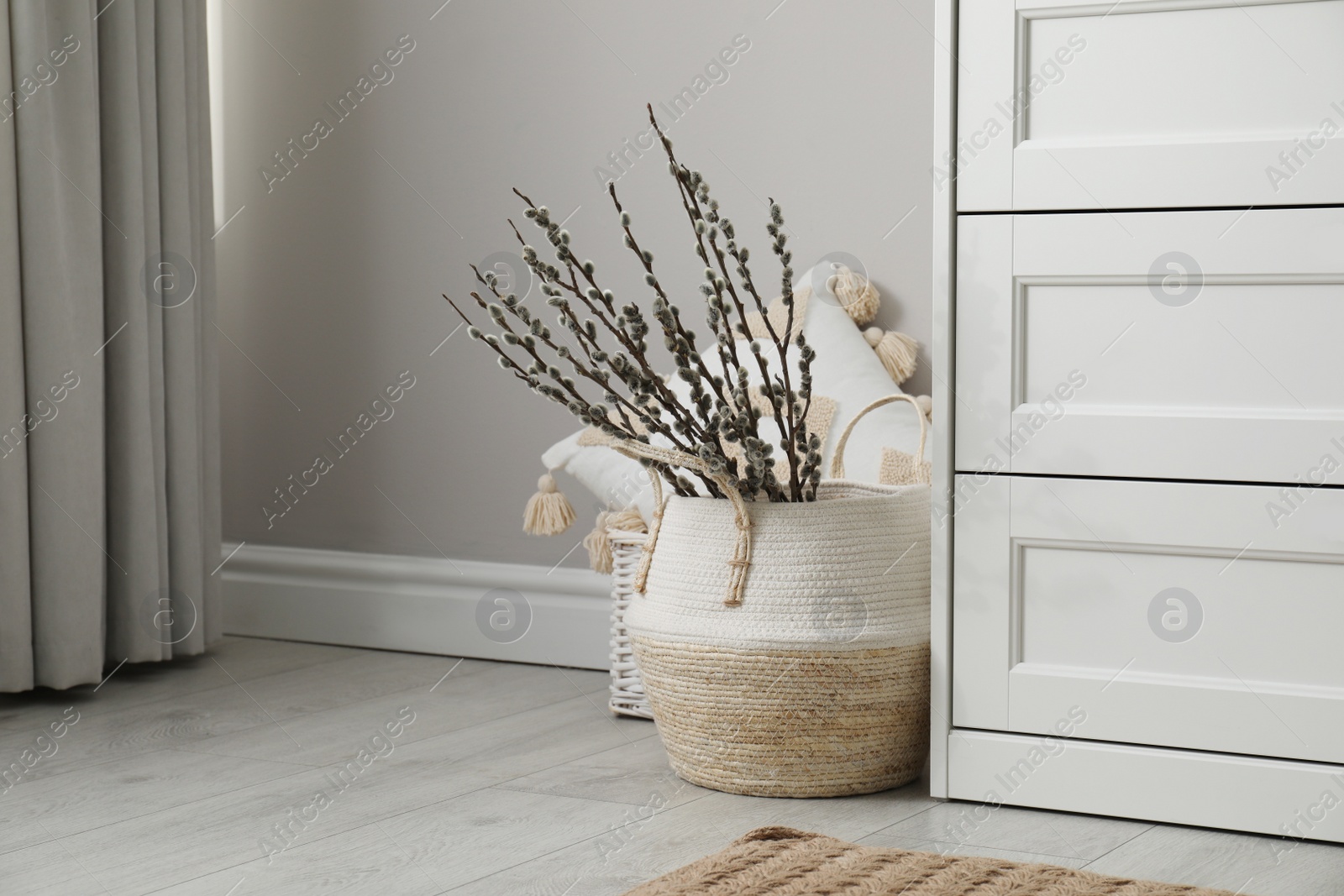 Photo of Basket with pussy willow branches near chest of drawers indoors