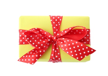 Photo of Gift box with ribbon on white background, top view