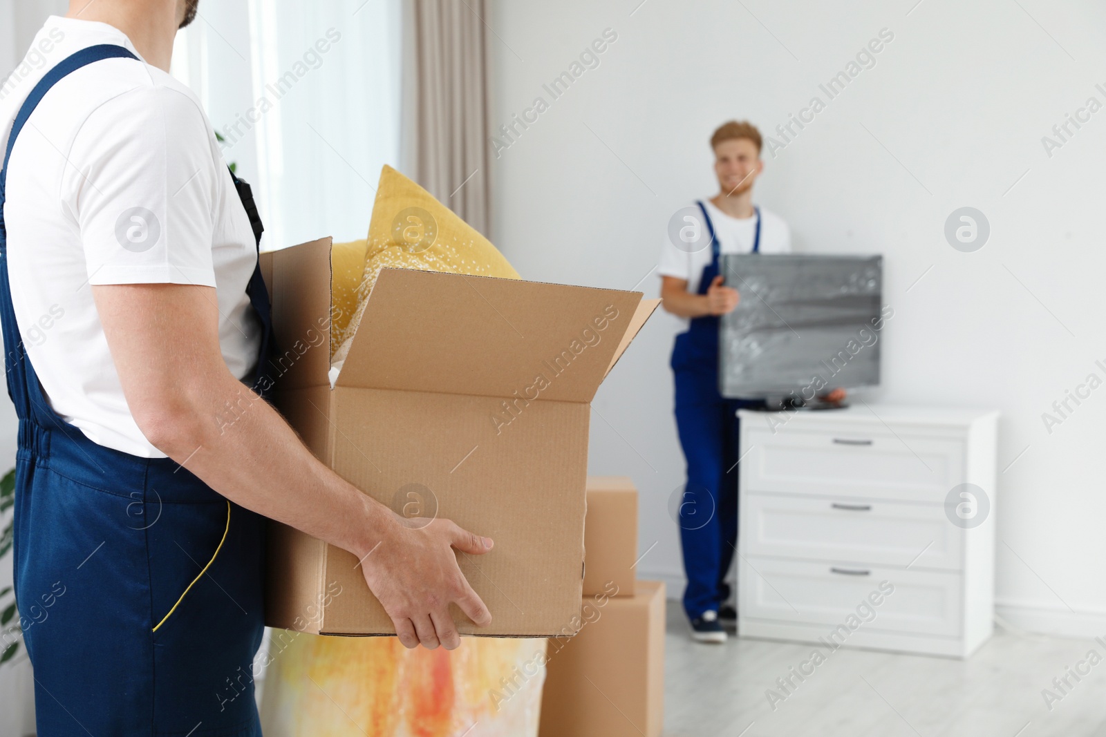 Photo of Moving service employee with box and his colleague in room, closeup