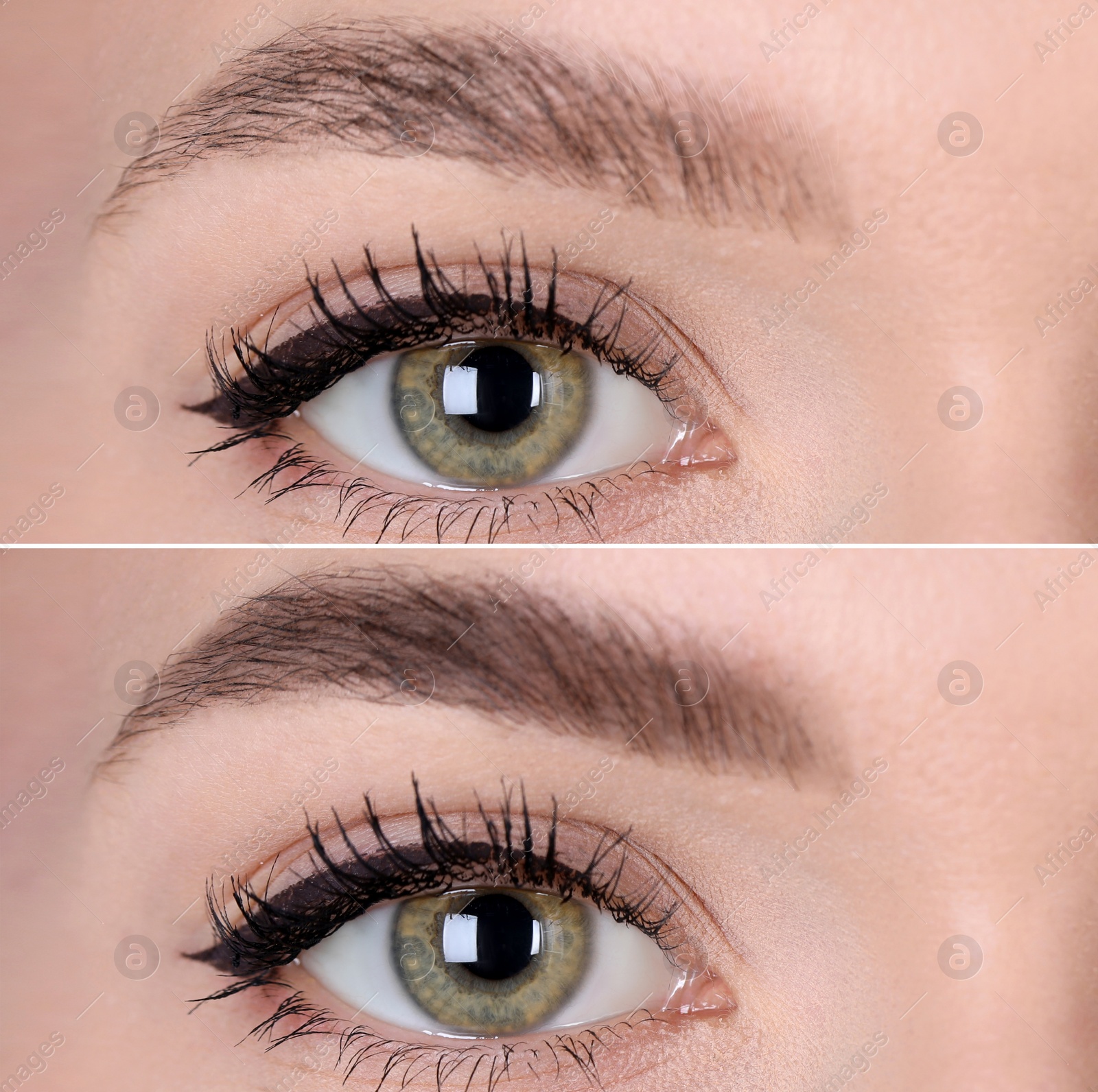 Image of Collage with photos of young woman before and after permanent makeup procedure, closeup