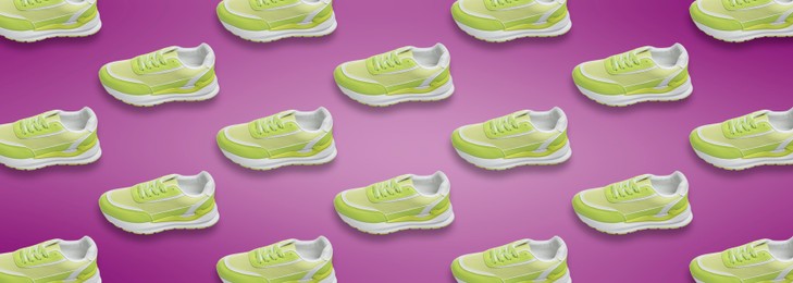 Collage of bright stylish sneakers on purple background. Banner design