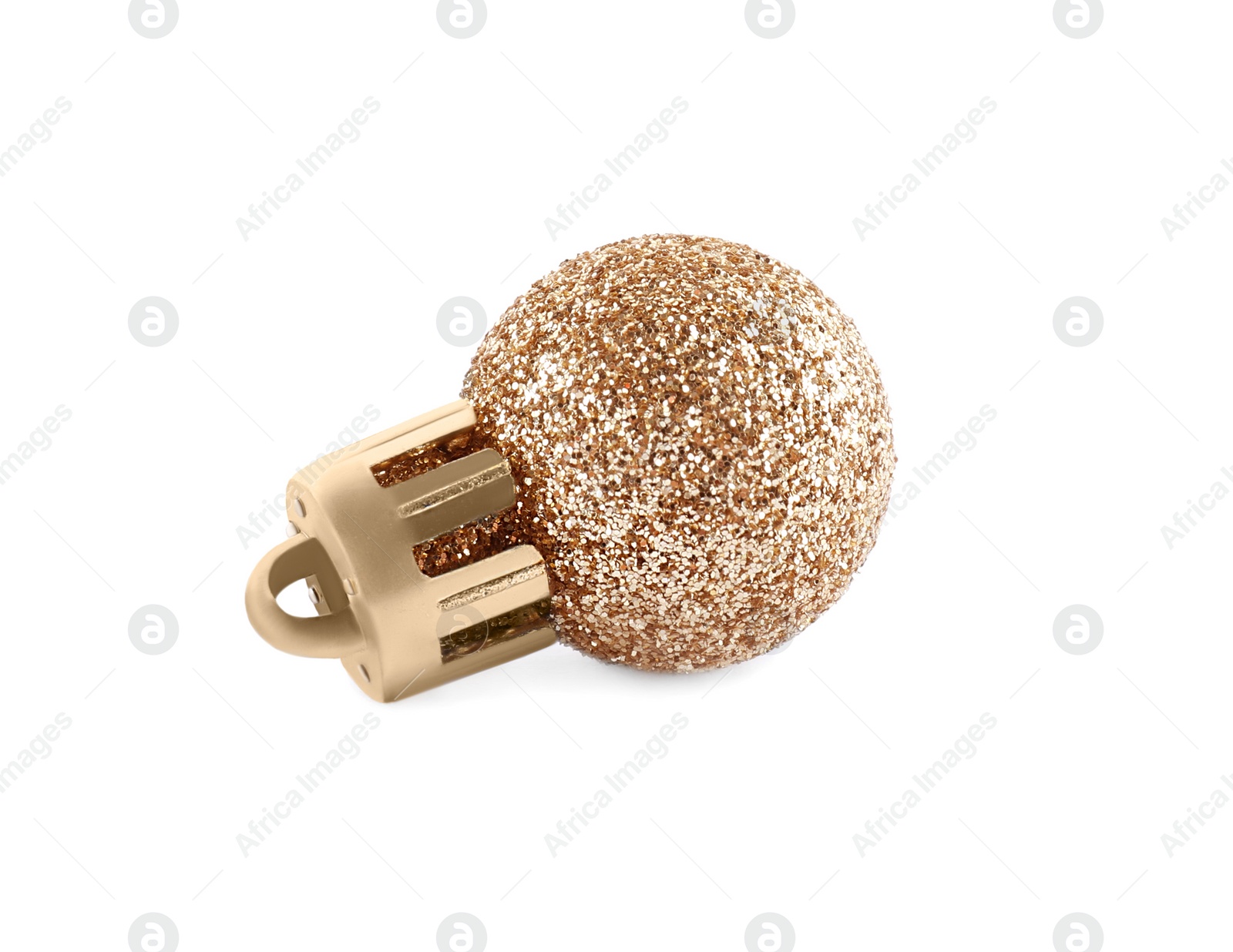 Photo of Beautiful gold Christmas ball on white background