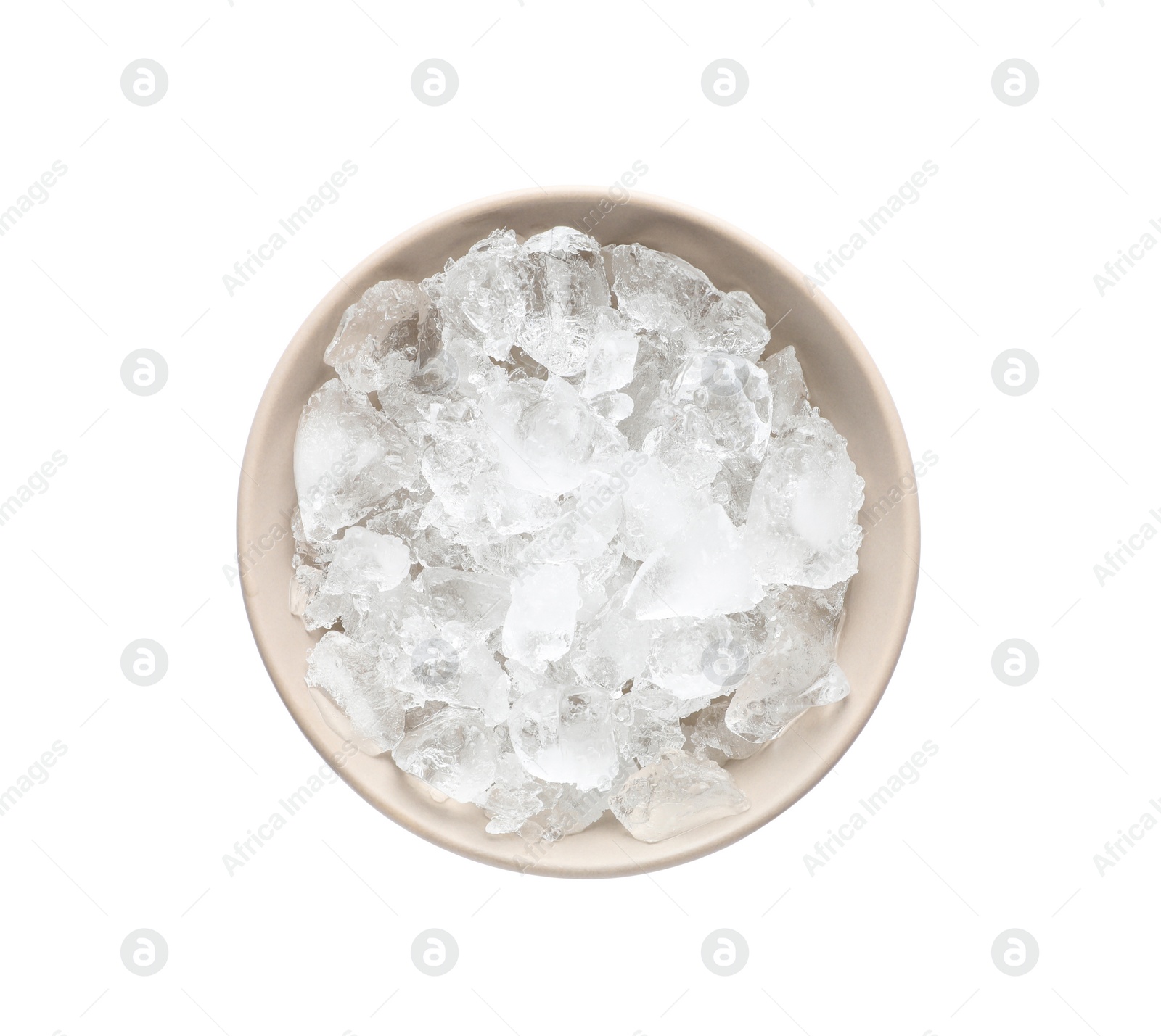 Photo of Crushed ice in bowl on white background, top view