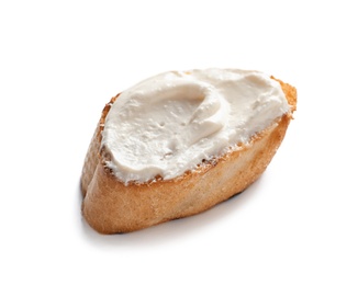 Piece of baguette with tasty cream cheese on white background