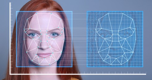 Facial recognition system. Woman with scanner frame and digital biometric grid on grey background, banner design