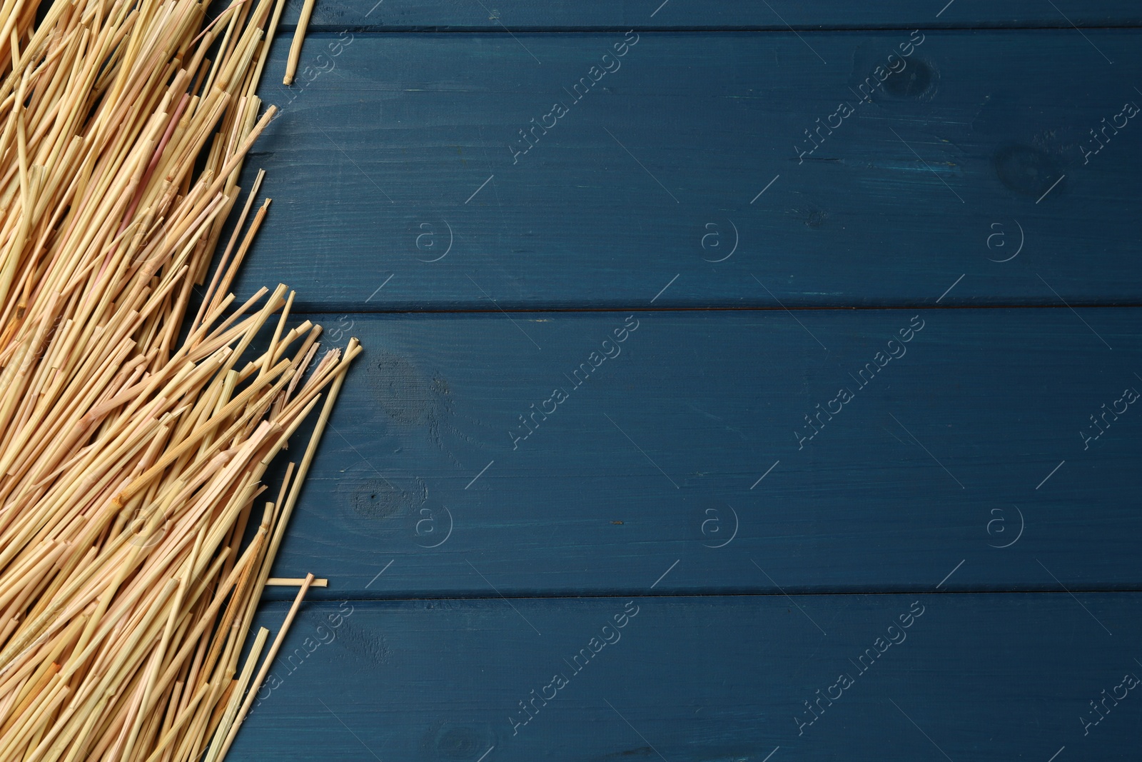 Photo of Heap of dried hay on blue wooden background, flat lay. Space for text