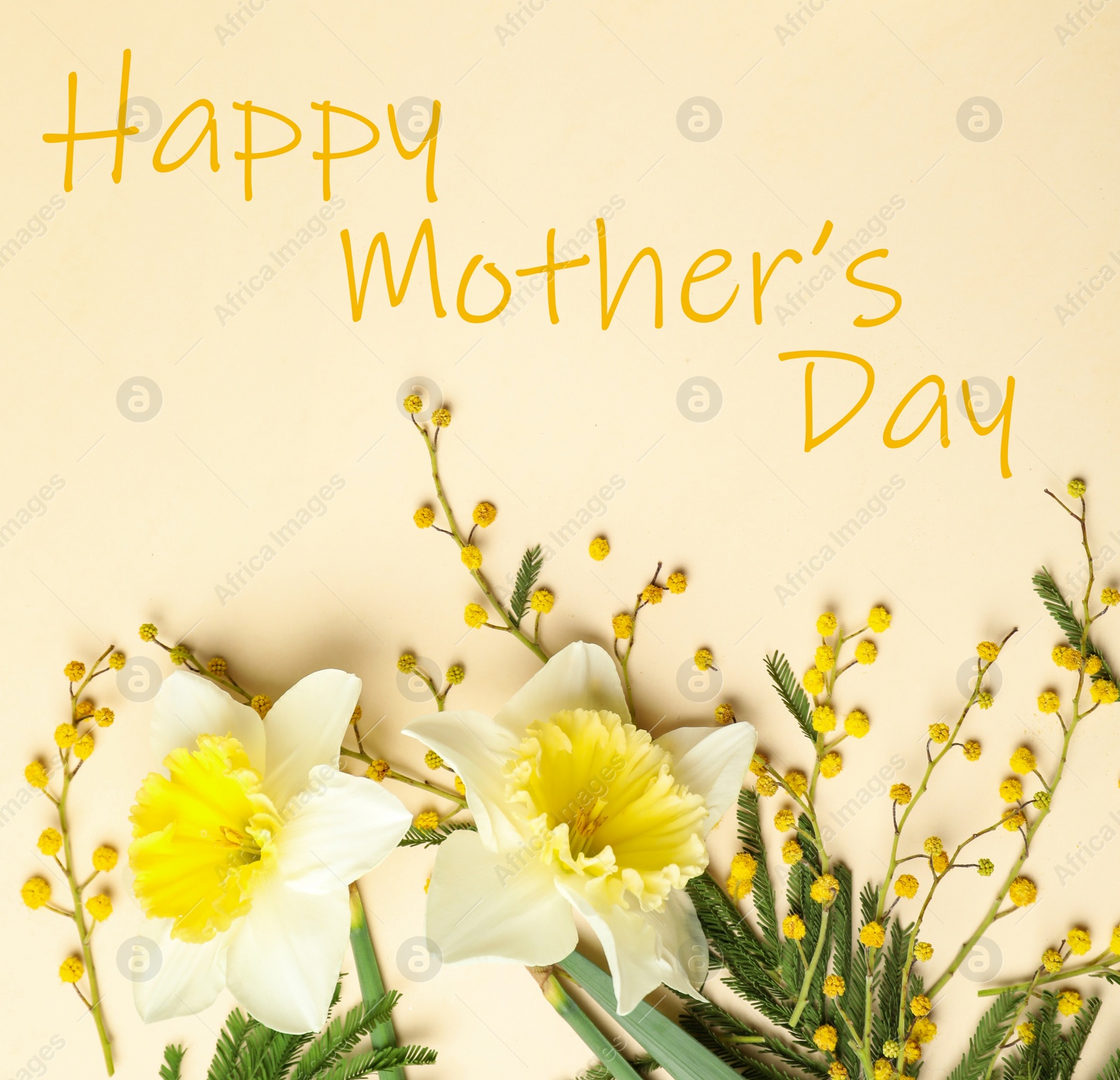 Image of Flat lay composition with beautiful spring flowers and phrase HAPPY MOTHER'S DAY on beige background