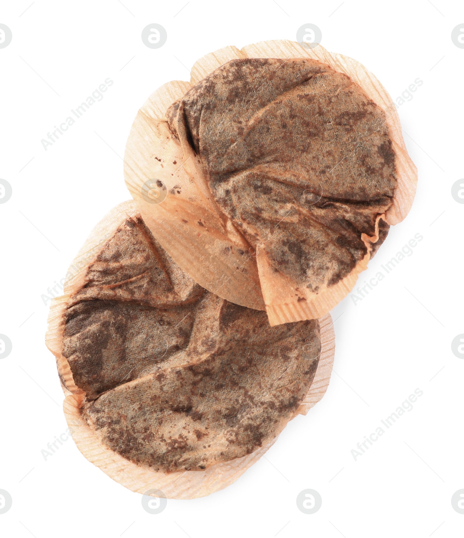 Photo of Used tea bags on white background, top view