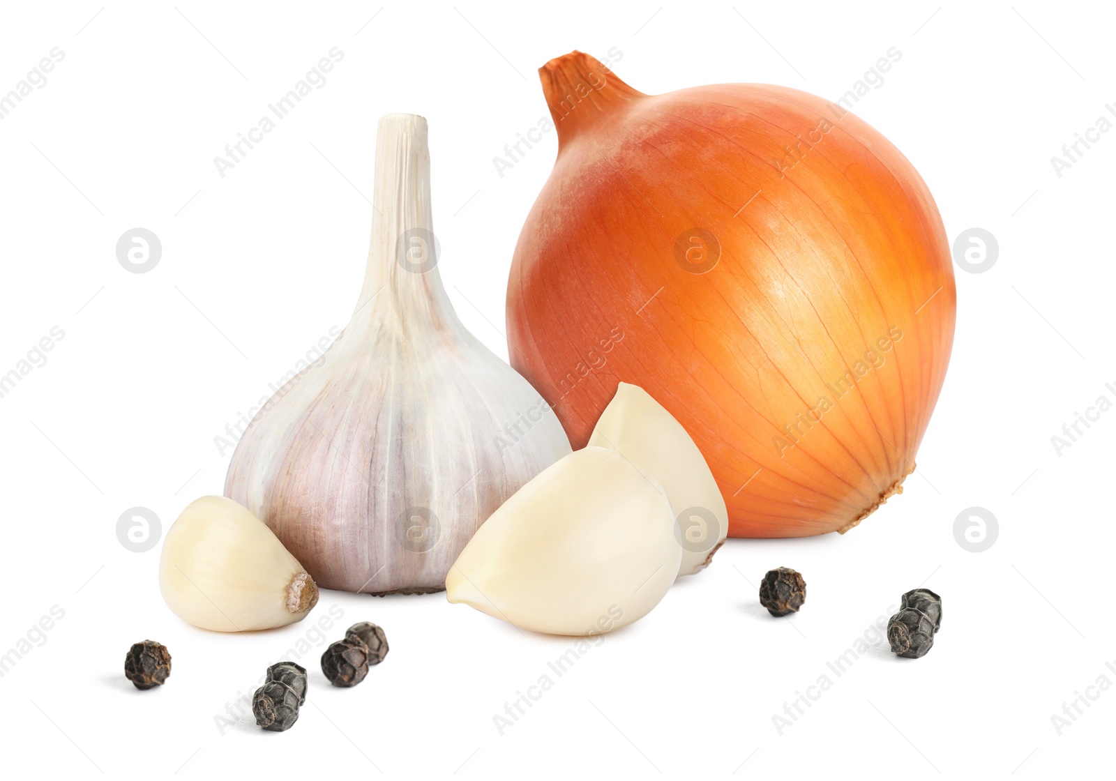 Image of Onion, peppercorns, garlic bulb and cloves on white background