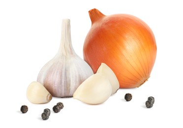 Onion, peppercorns, garlic bulb and cloves on white background