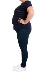 Photo of Overweight woman on white background, closeup. Weight loss