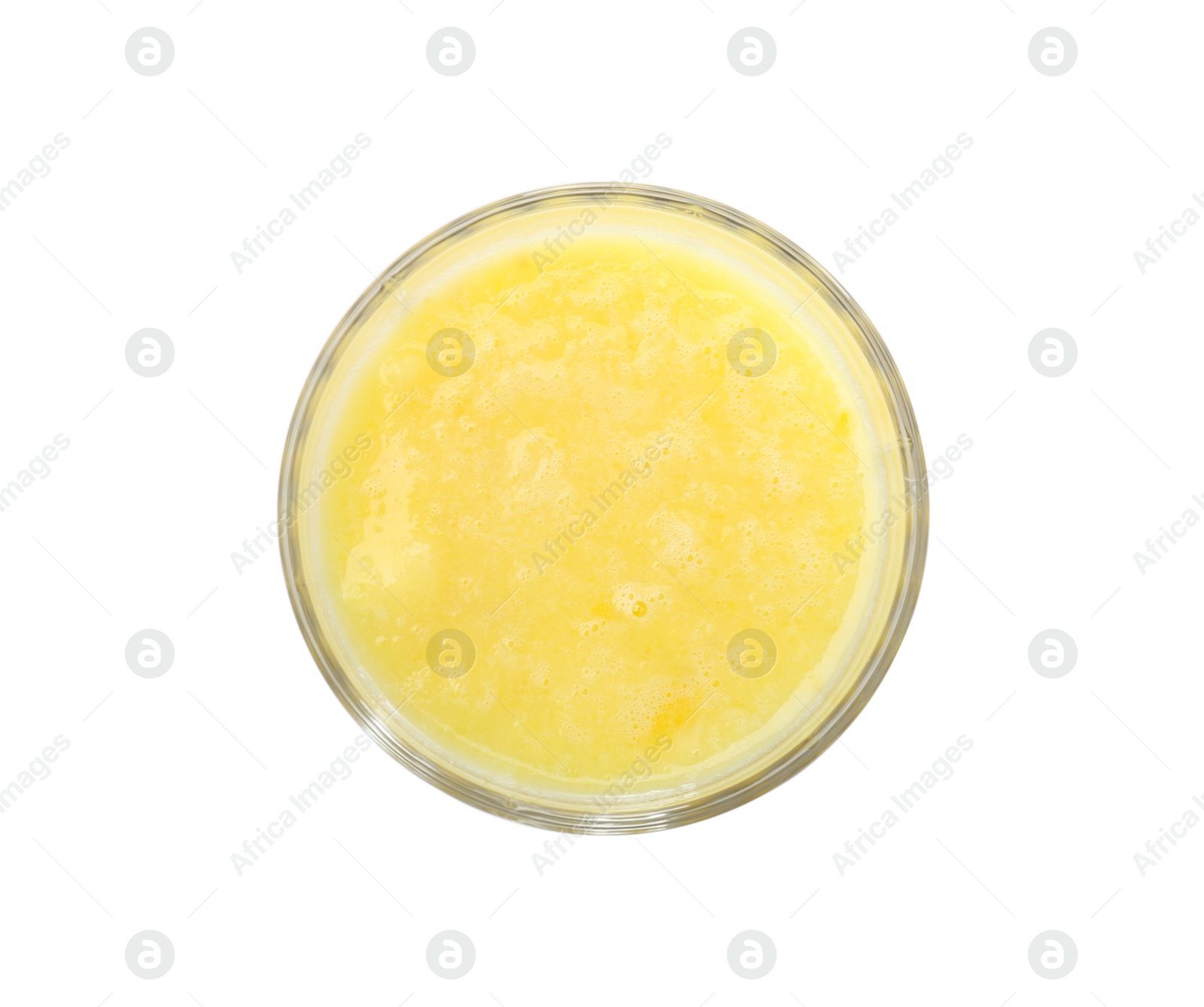 Photo of Glass with delicious detox smoothie on white background, top view