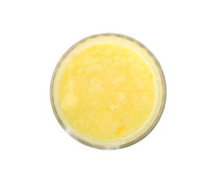 Photo of Glass with delicious detox smoothie on white background, top view