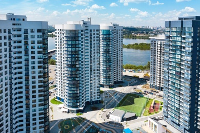 Aerial view of modern buildings in city center