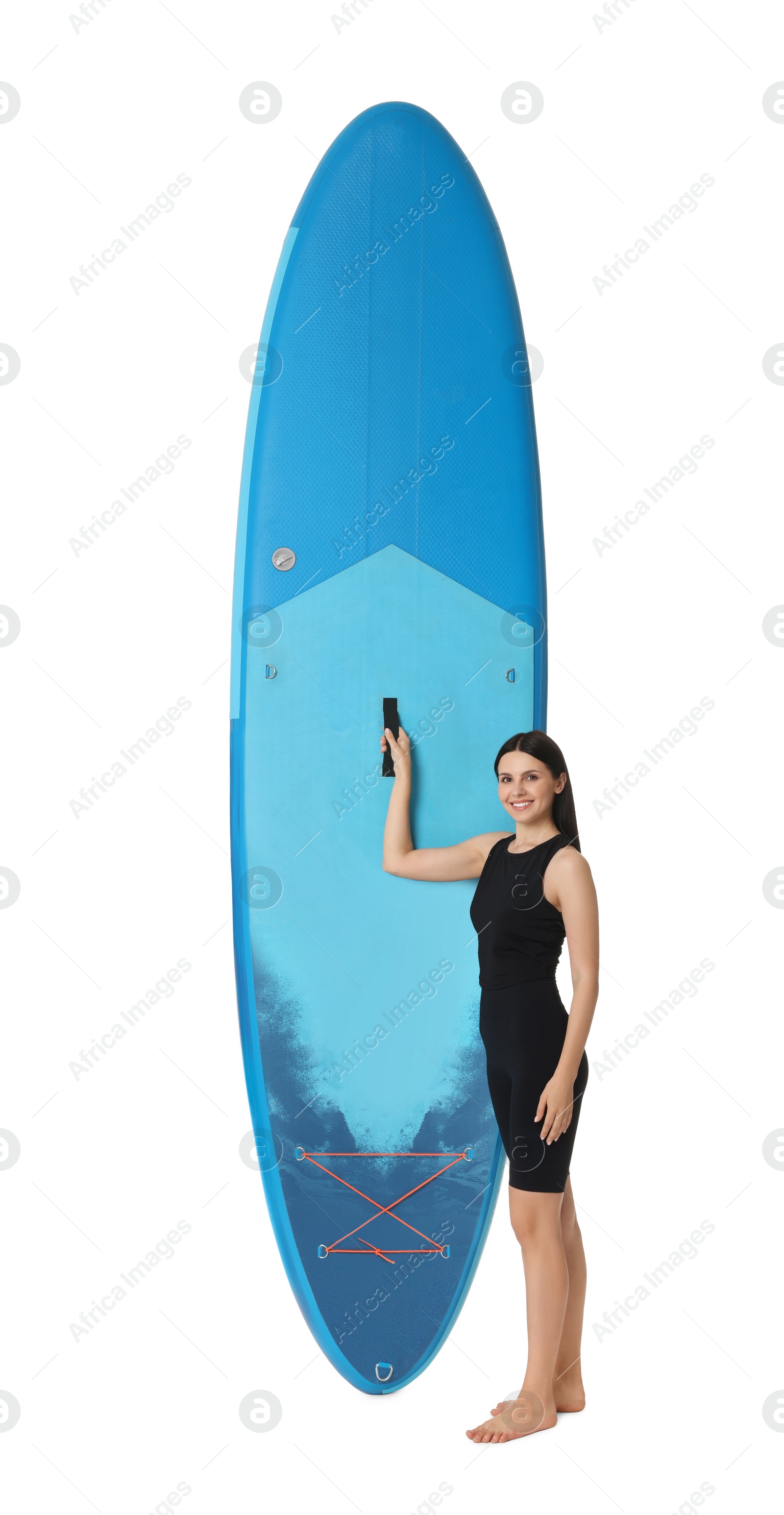 Photo of Happy woman with blue SUP board on white background