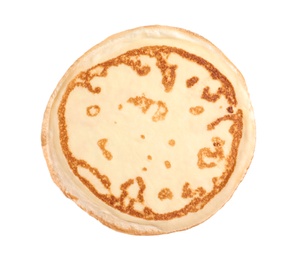 Thin pancake on white background, top view