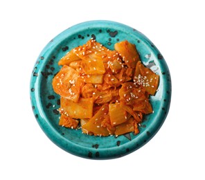 Plate of spicy cabbage kimchi isolated on white, top view