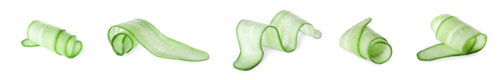 Image of Set with slices of cucumbers on white background. Banner design