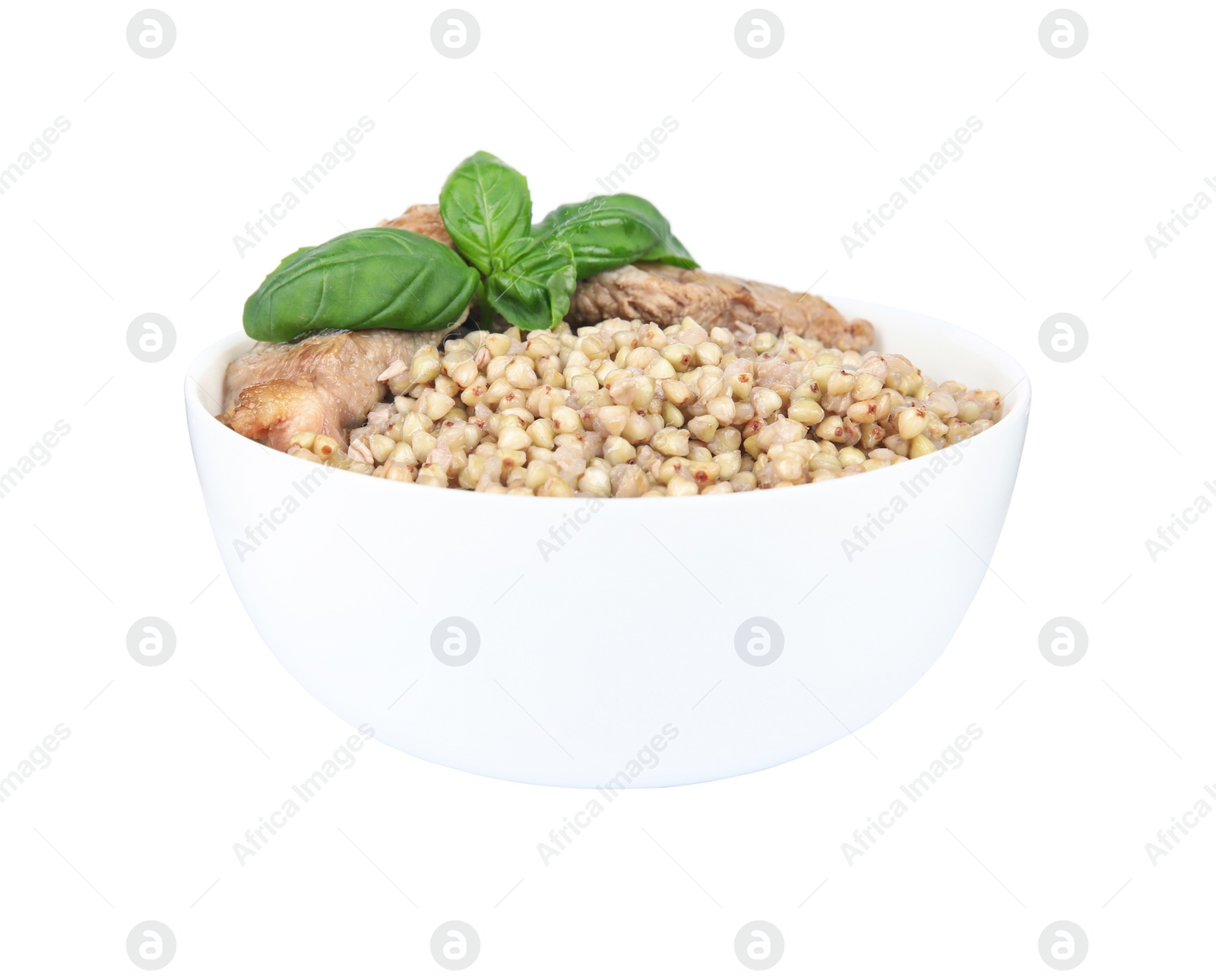 Photo of Tasty buckwheat porridge with meat isolated on white