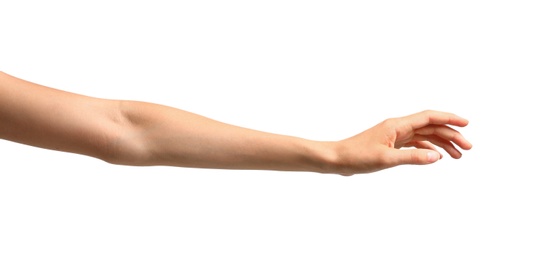 Photo of Young woman holding hand on white background, closeup