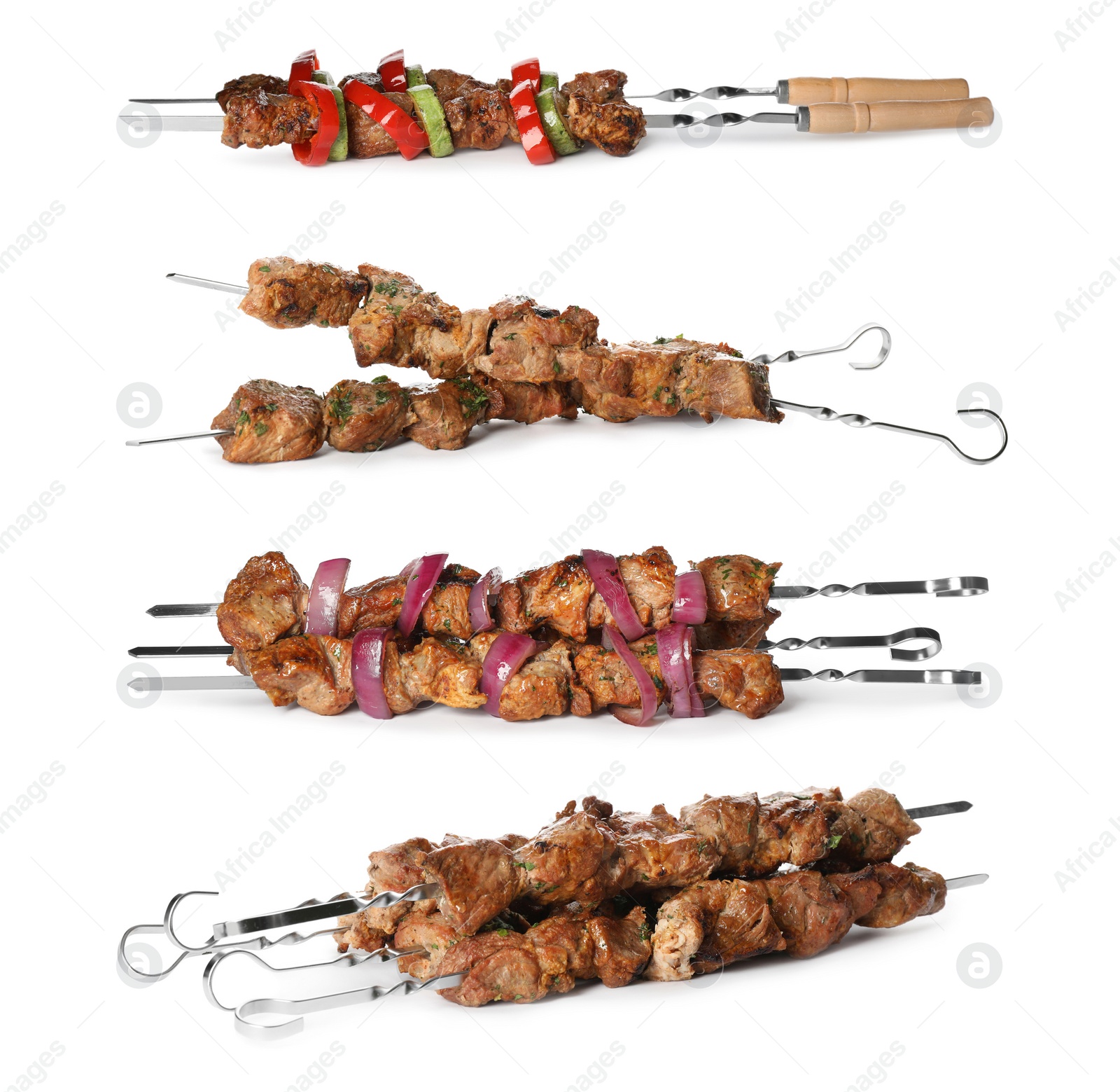 Image of Metal skewers with delicious meat on white background, collage