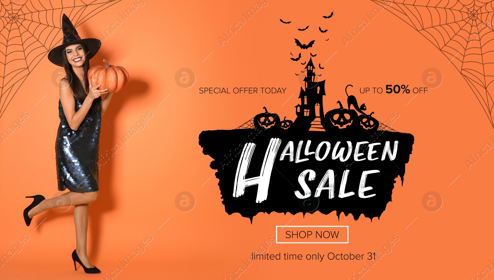 Image of Halloween sale ad design with woman dressed as witch holding pumpkin on orange background