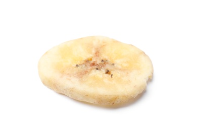 Photo of Sweet banana slice on white background. Dried fruit as healthy snack