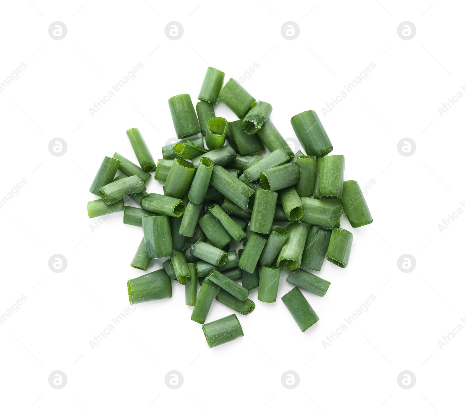 Photo of Cut green spring onion isolated on white, top view