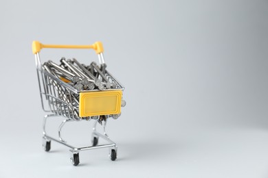 Photo of Metal nails in shopping cart on light grey background, space for text