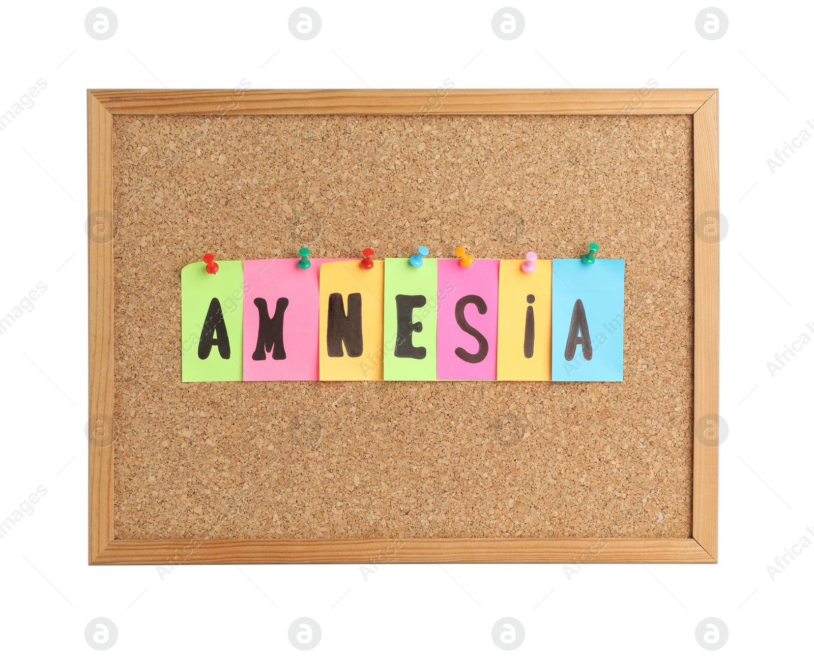 Photo of Cork board with word Amnesia made of colorful paper on white background