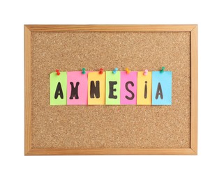 Photo of Cork board with word Amnesia made of colorful paper on white background