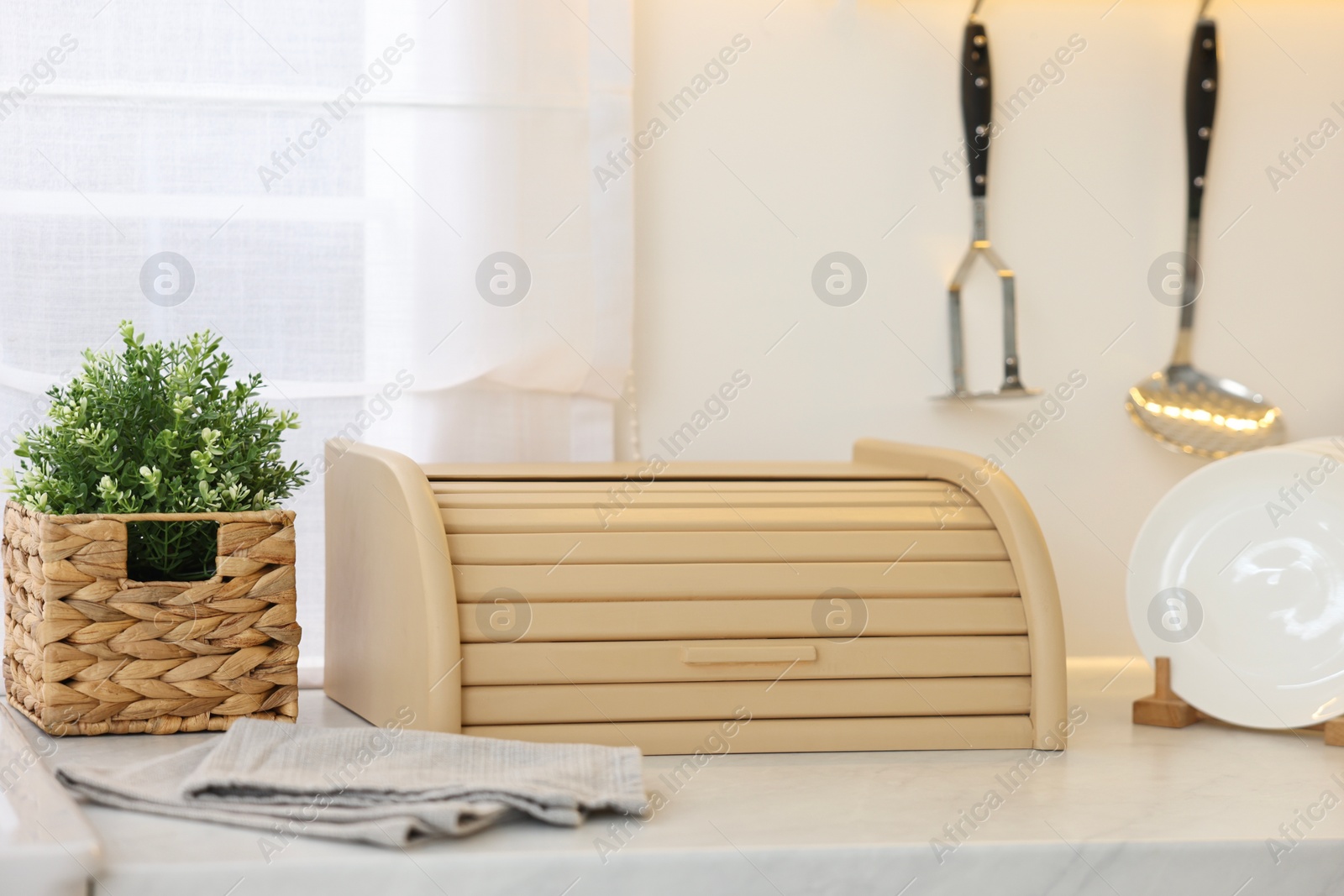 Photo of Wooden bread box, houseplant and plates on white marble countertop in kitchen