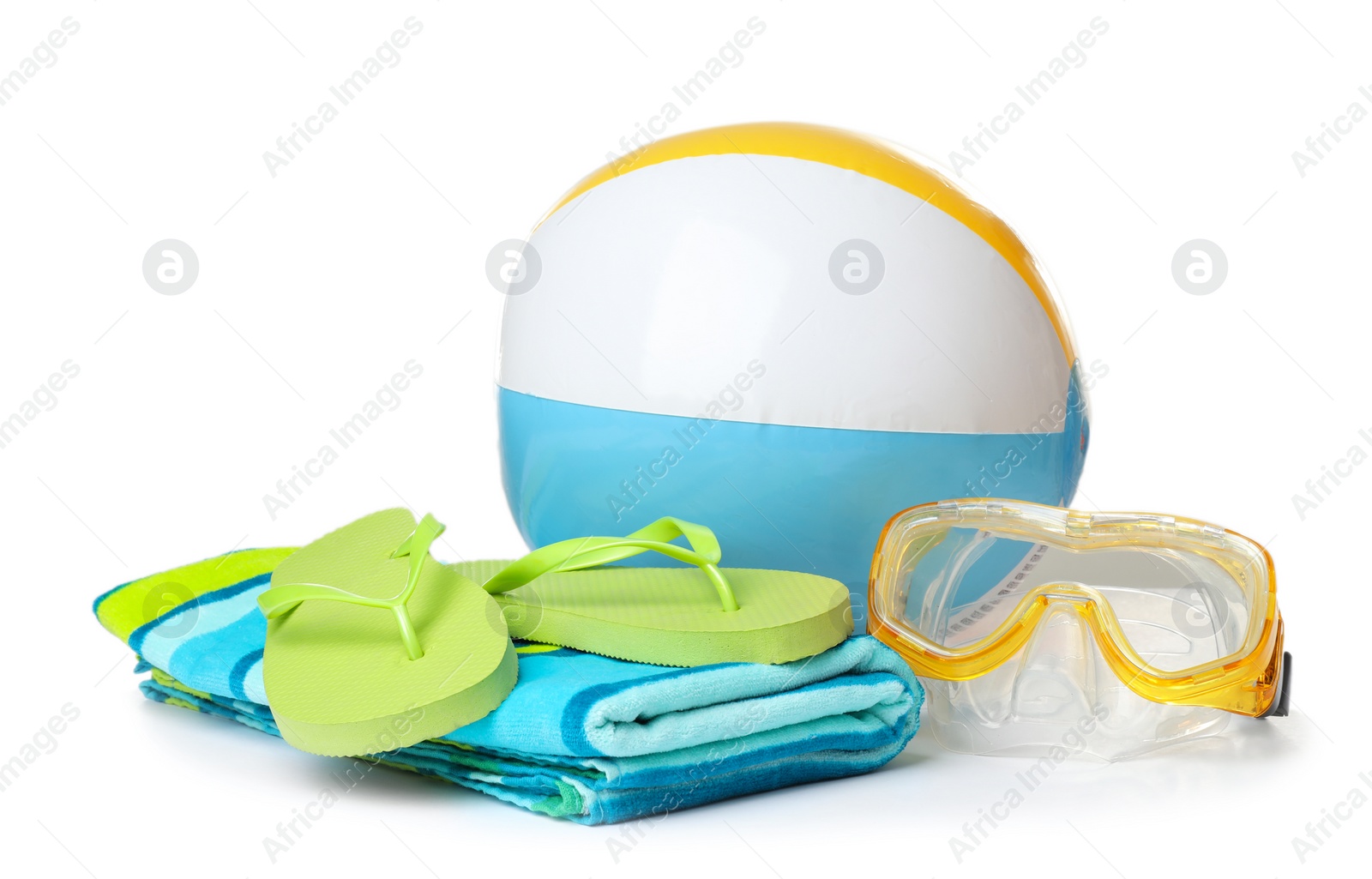 Photo of Composition with beach objects on white background