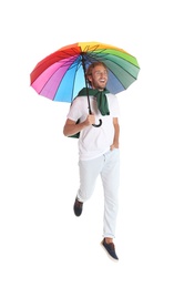 Man with rainbow umbrella on white background