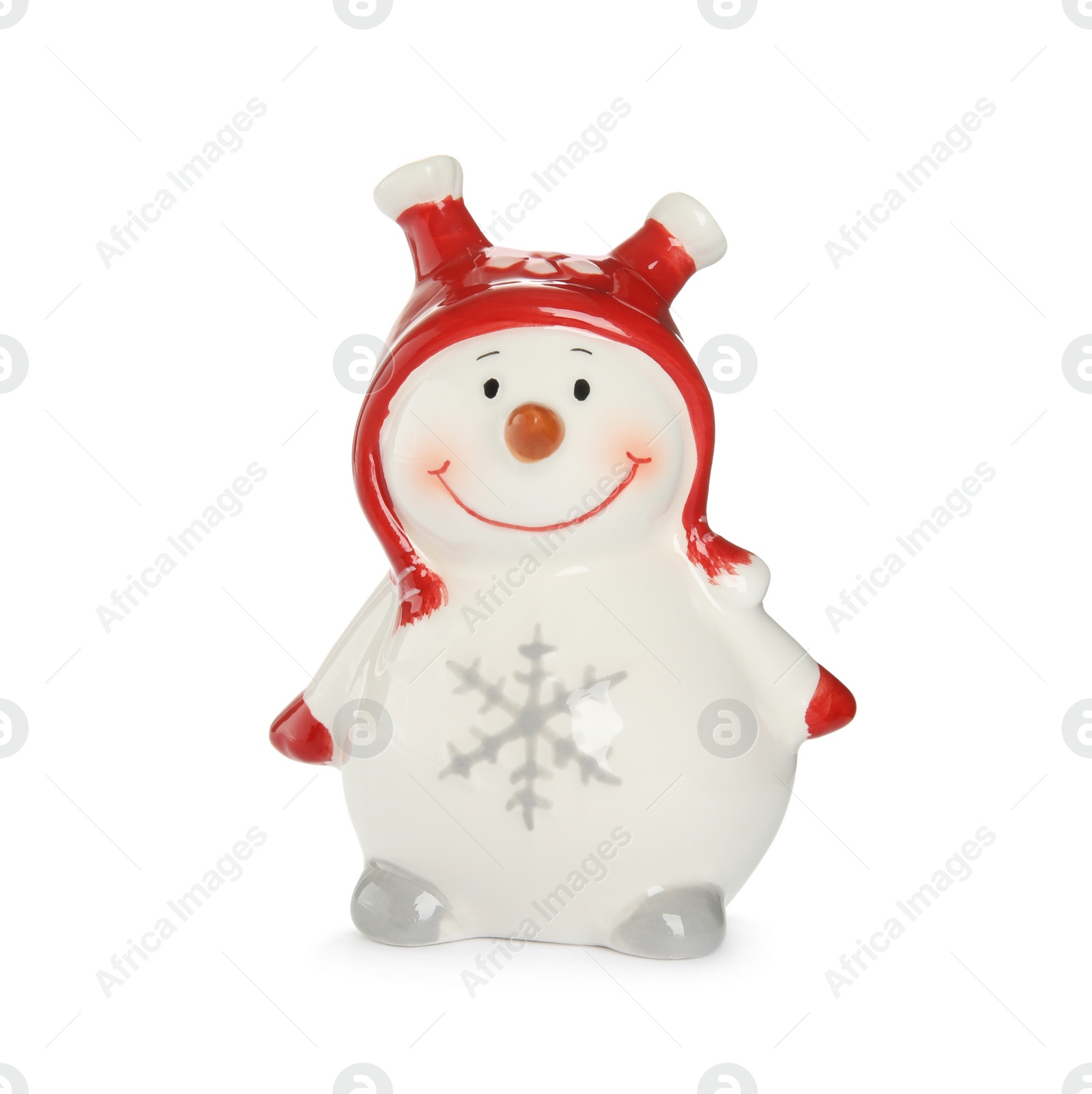 Photo of Funny ceramic snowman isolated on white. Christmas decoration