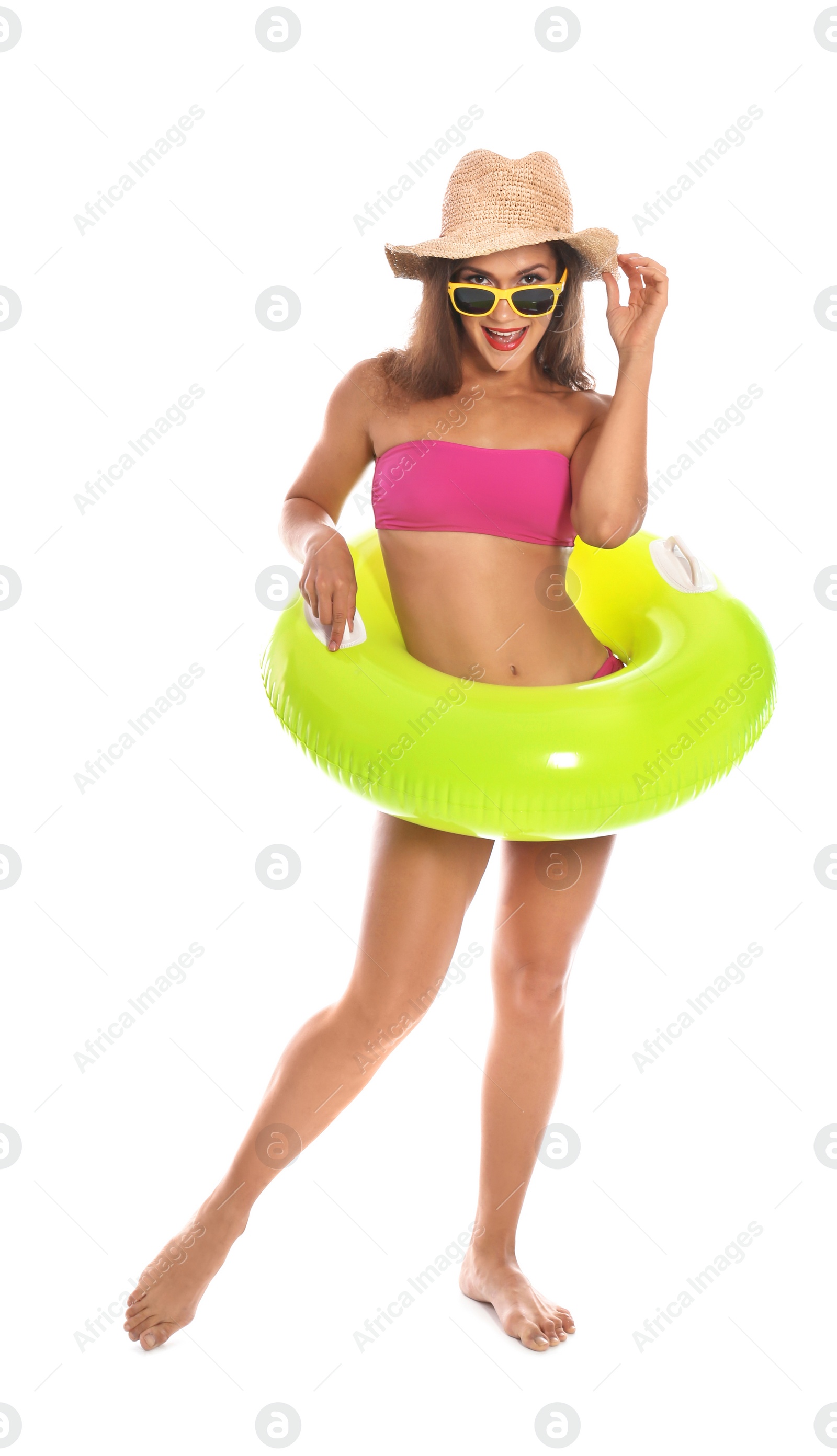 Photo of Beautiful young woman with inflatable ring on white background