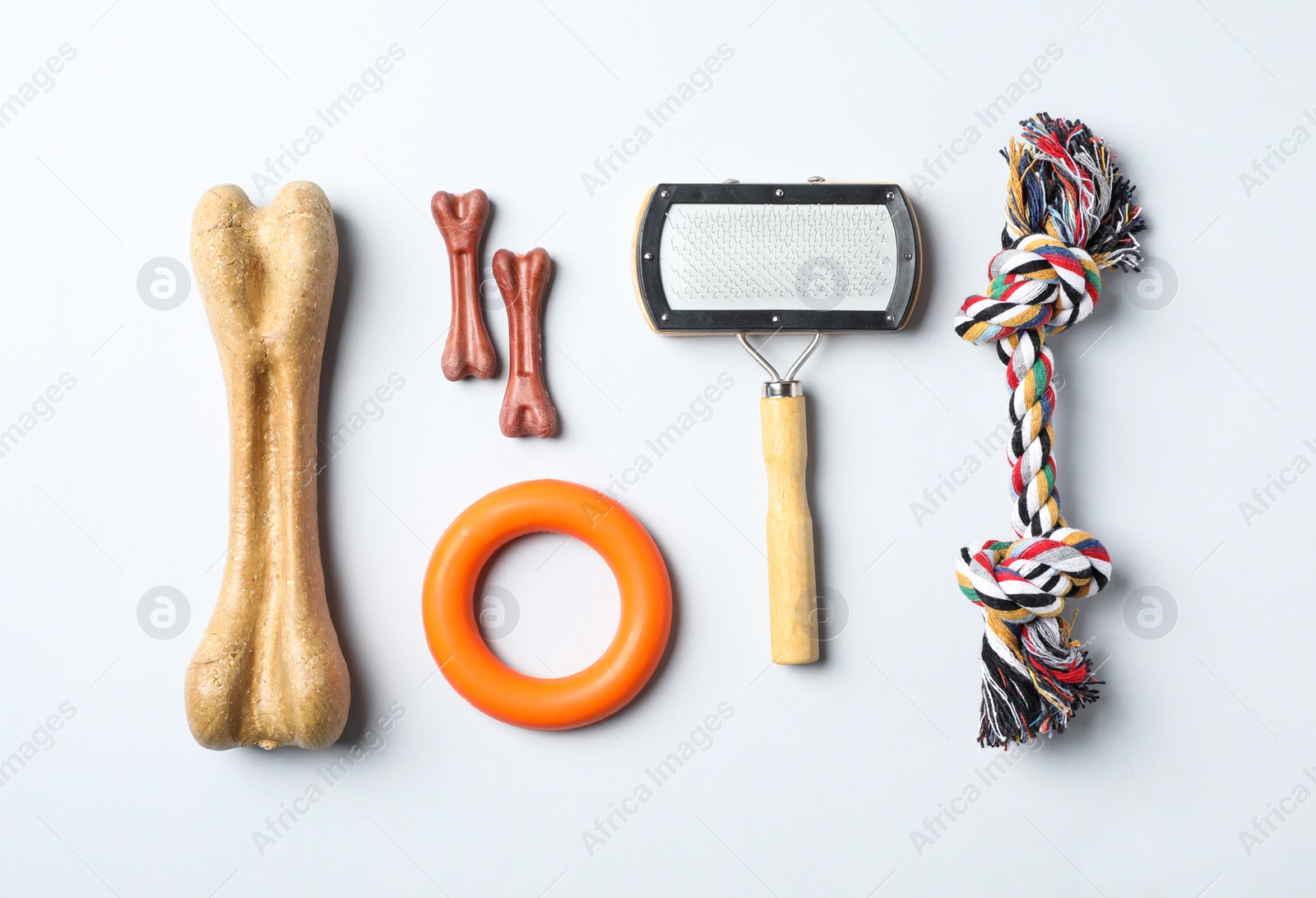 Photo of Flat lay composition with accessories for dog on light background. Pet care