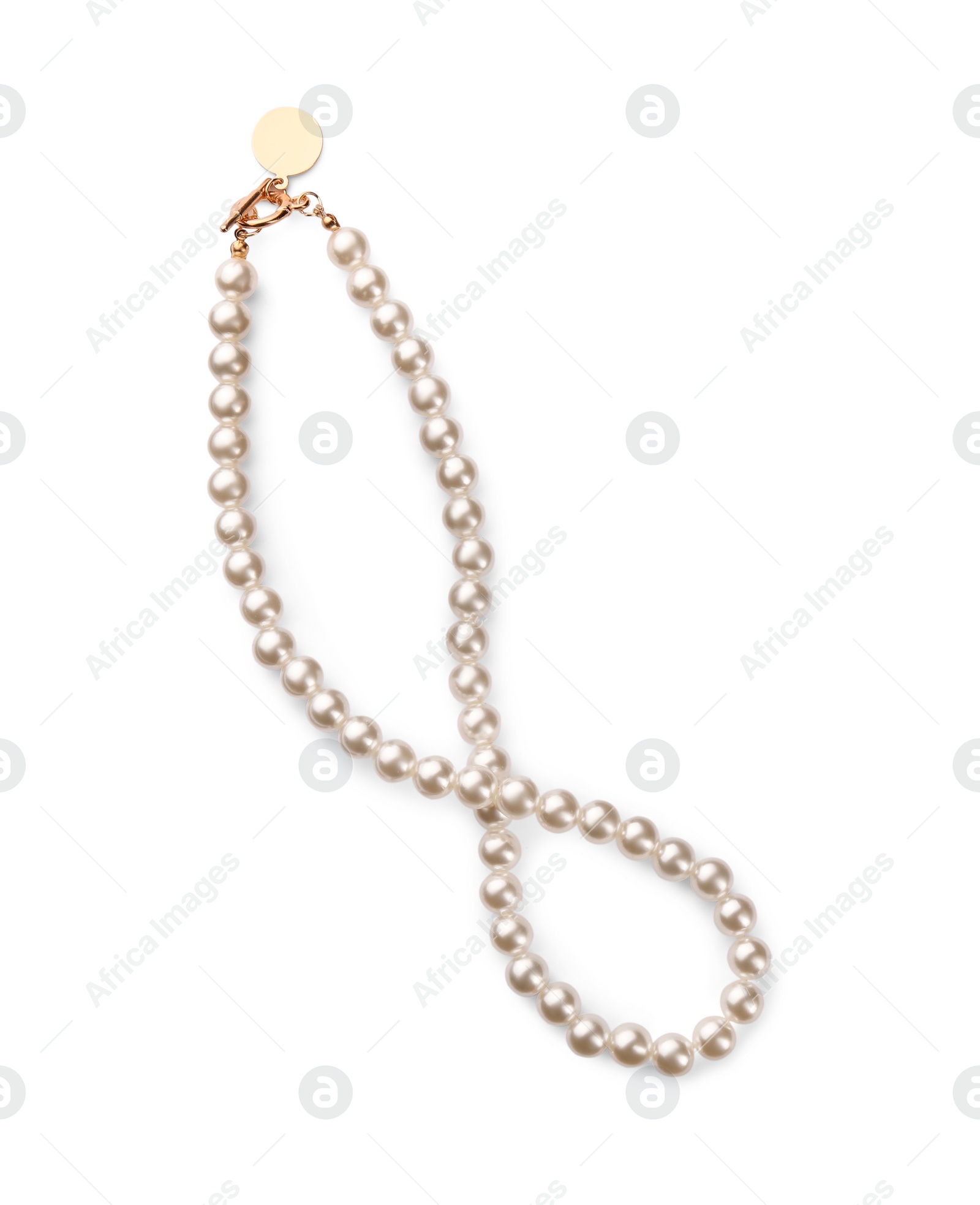 Photo of Elegant pearl necklace isolated on white, top view